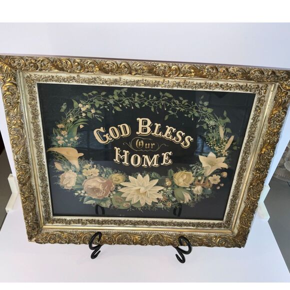 Antique God Bless Our Home Chromolithograph print antique gesso frame must see! - Picture 4 of 8
